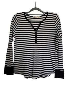 Faded Glory Black & White Striped Henley Long Sleeve Top Thermal Size L